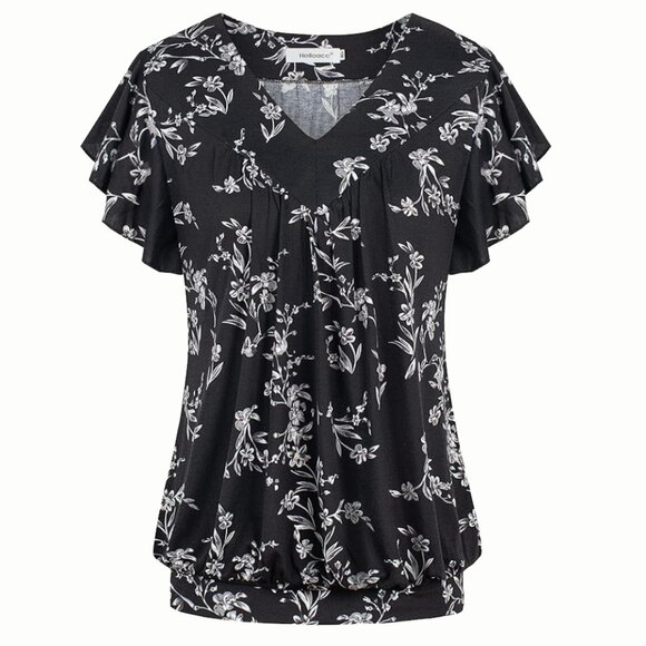 Helloacc Tops - Womens V Neck Short Ruffled Cap Sleeves Banded Hem